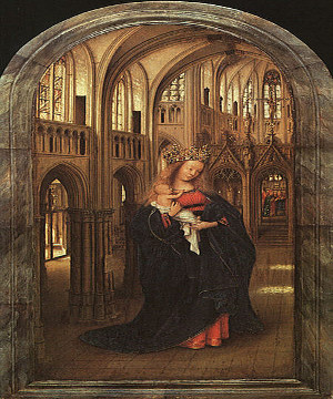 Madonna em uma igreja, de Jan van Eyck (1390-1441). É possível perceber na tela as características internas das edificações góticas