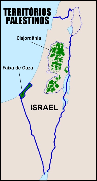 Mapa dos territórios palestinos na atualidade, com a Faixa de Gaza e a Cisjordânia *
